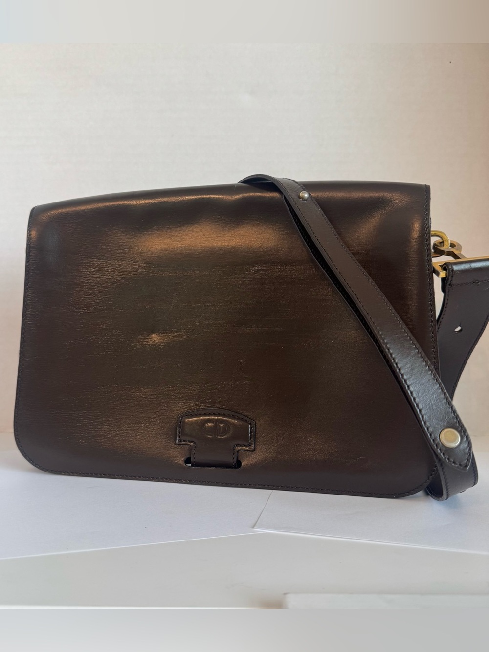 Authentic Christian Dior Large Shoulder Purse tote bag Trotter Box Brown Leather